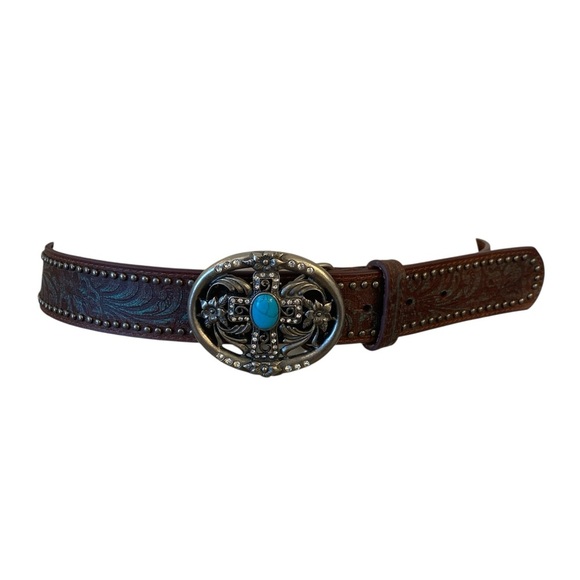Genuine Leather Womens Belt With Embossed Cross Buckle - Picture 1 of 6